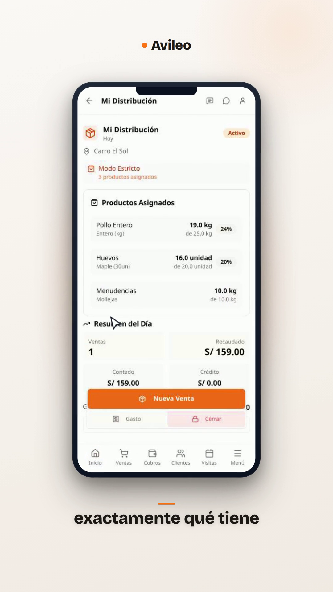 Demo de Avileo: distribución, venta, cobro y cierre